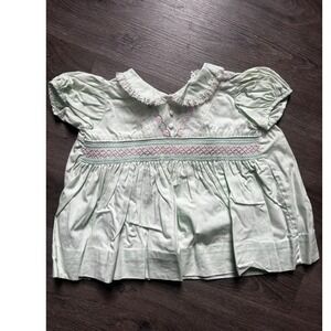 Vintage green‎ smocking dress- lace, buttons